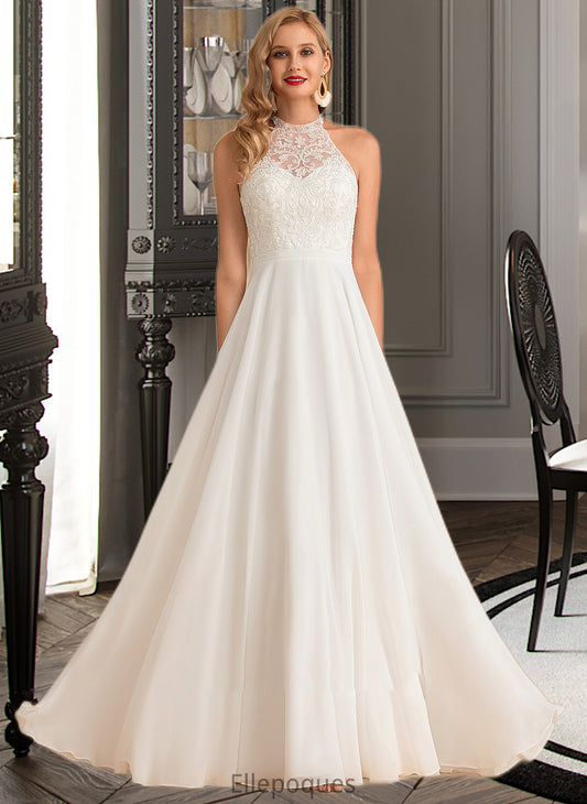 Philippa A-Line High Neck Floor-Length Chiffon Wedding Dress HOP0013702