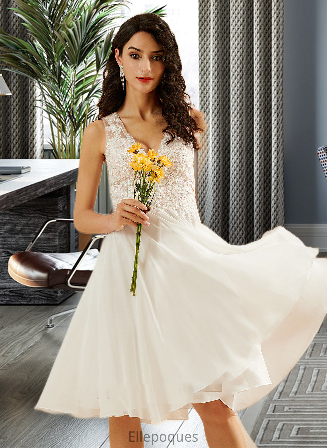 Gwendolyn A-Line V-neck Knee-Length Wedding Dress With Lace Sequins HOP0013703