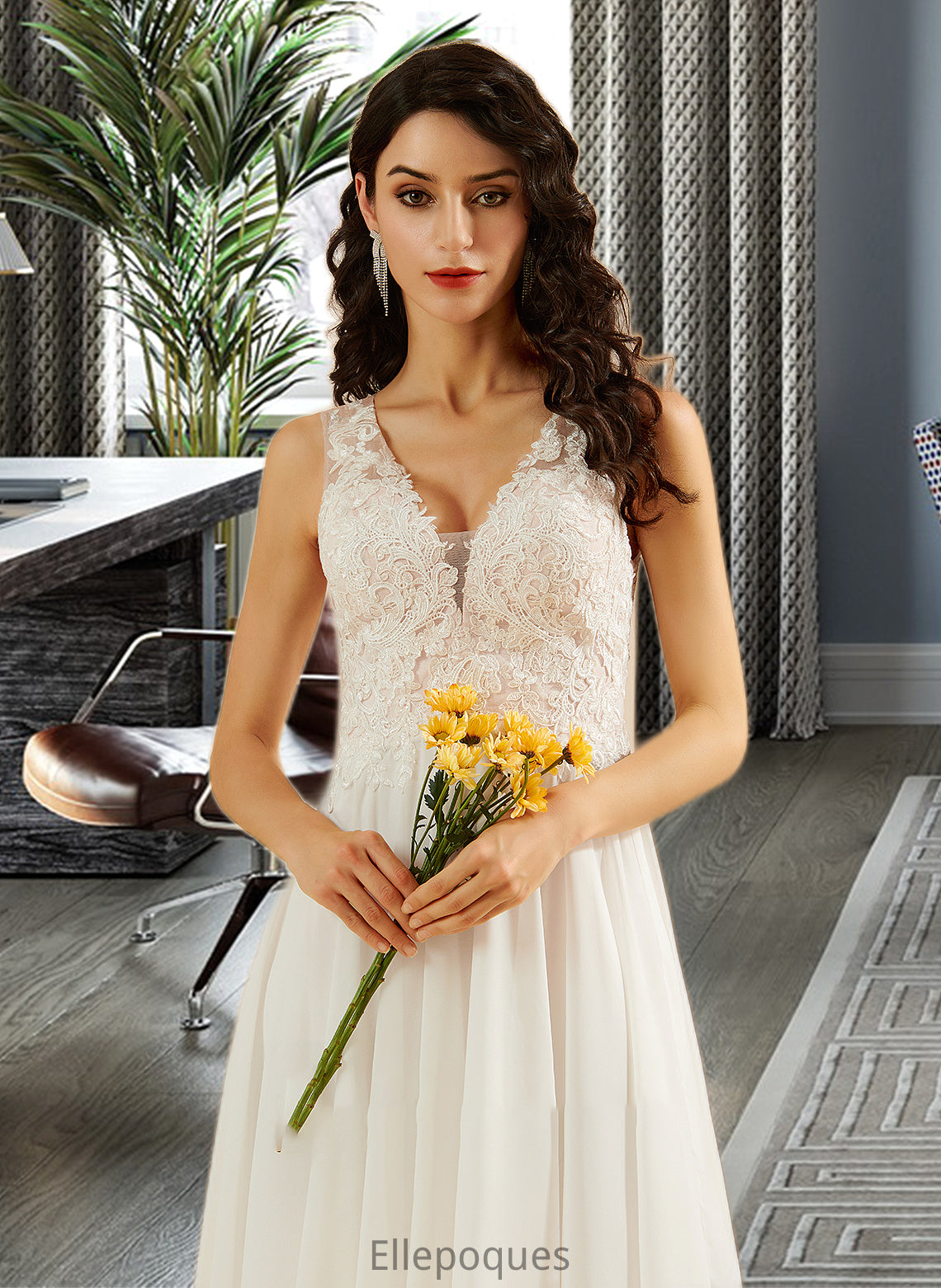 Gwendolyn A-Line V-neck Knee-Length Wedding Dress With Lace Sequins HOP0013703