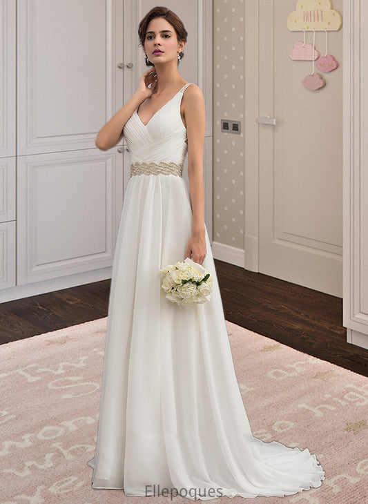 Kimberly A-Line V-neck Sweep Train Chiffon Wedding Dress With Ruffle Lace Beading Sequins HOP0013705