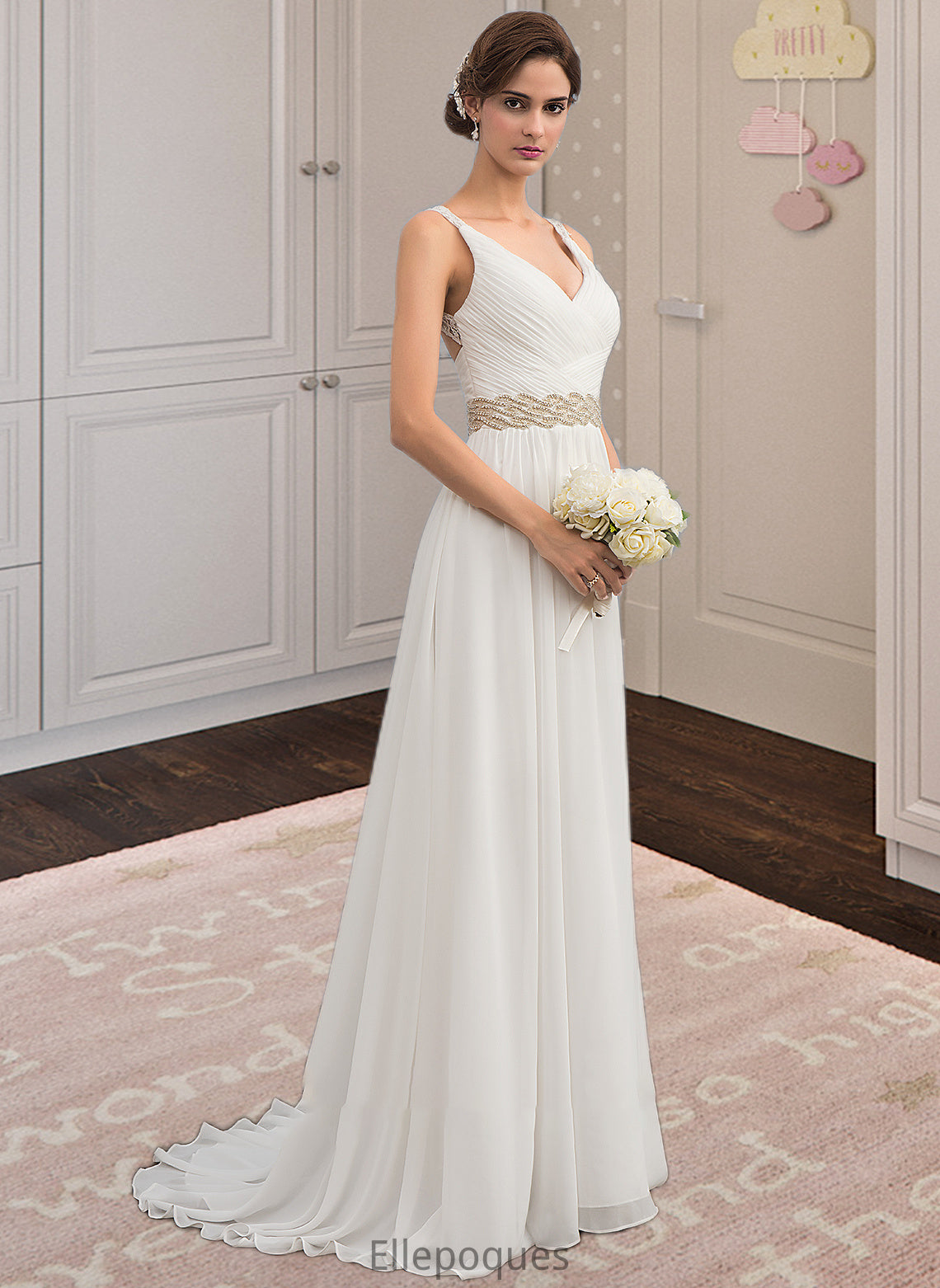 Kimberly A-Line V-neck Sweep Train Chiffon Wedding Dress With Ruffle Lace Beading Sequins HOP0013705