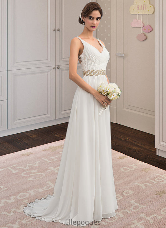 Kimberly A-Line V-neck Sweep Train Chiffon Wedding Dress With Ruffle Lace Beading Sequins HOP0013705