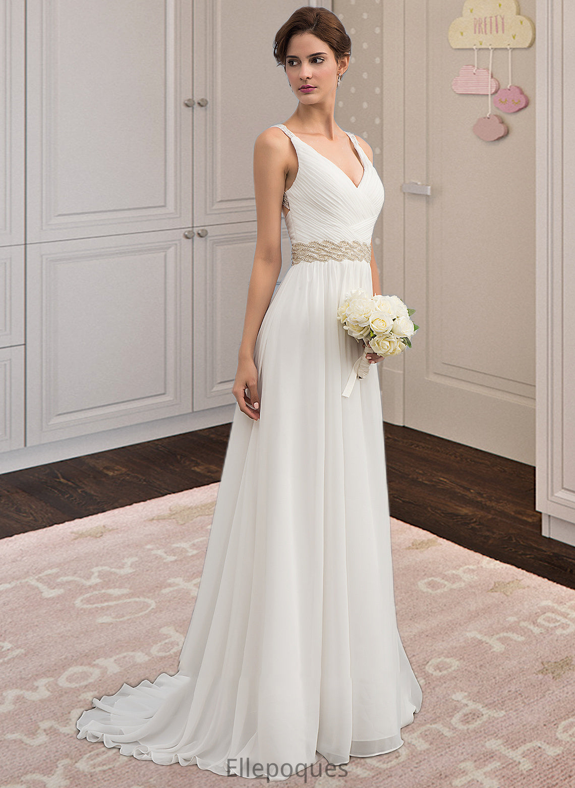 Kimberly A-Line V-neck Sweep Train Chiffon Wedding Dress With Ruffle Lace Beading Sequins HOP0013705