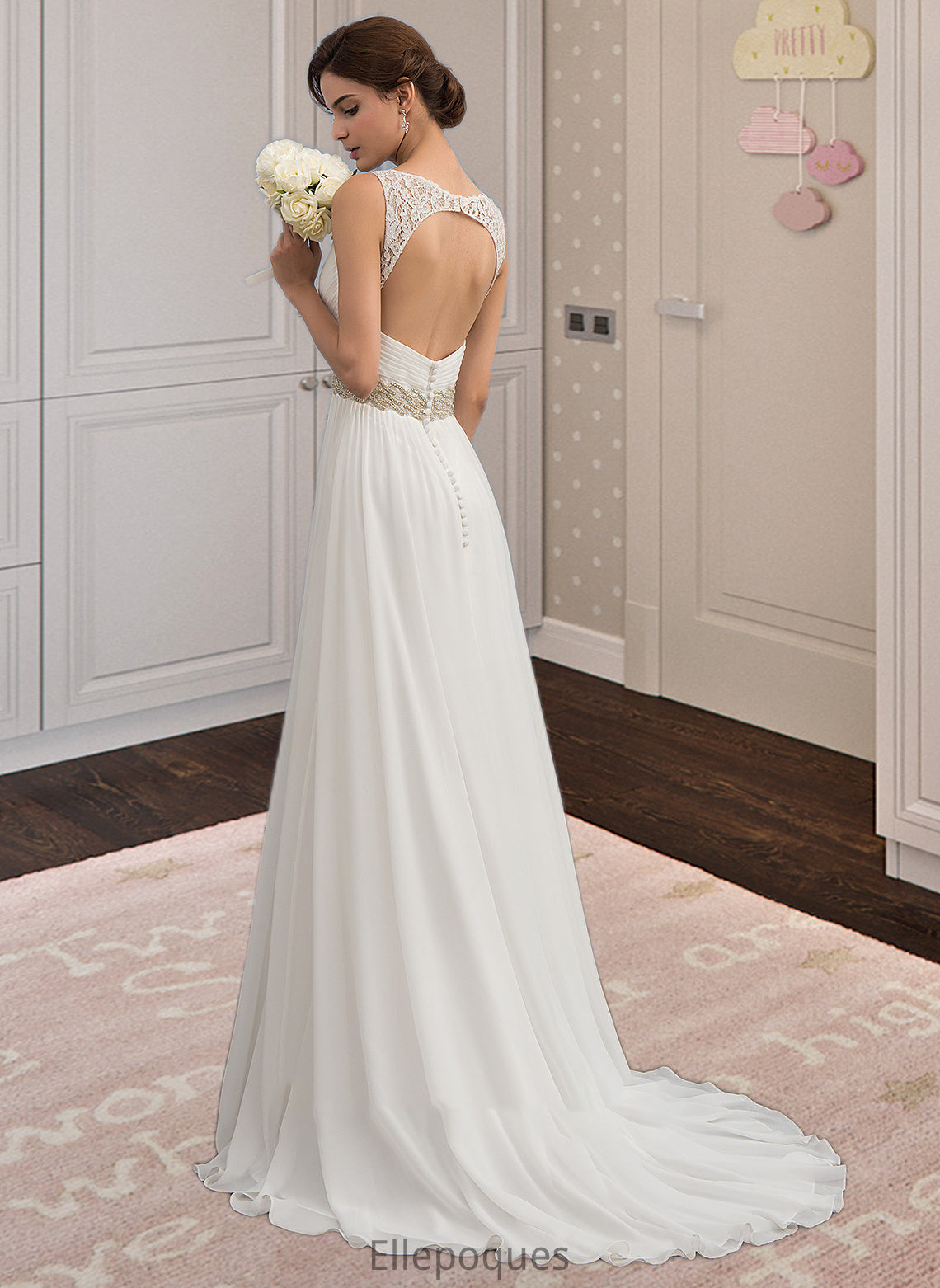 Kimberly A-Line V-neck Sweep Train Chiffon Wedding Dress With Ruffle Lace Beading Sequins HOP0013705