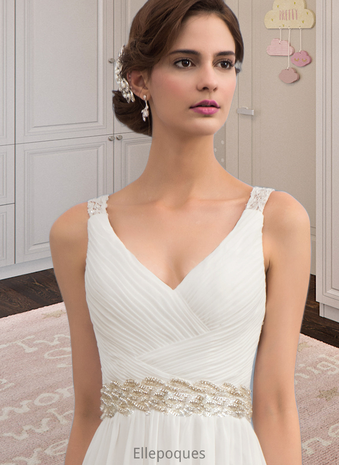 Kimberly A-Line V-neck Sweep Train Chiffon Wedding Dress With Ruffle Lace Beading Sequins HOP0013705