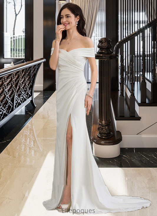 Marley Sheath/Column Off-the-Shoulder Sweep Train Stretch Crepe Wedding Dress With Ruffle Split Front HOP0013707