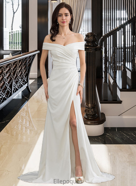 Marley Sheath/Column Off-the-Shoulder Sweep Train Stretch Crepe Wedding Dress With Ruffle Split Front HOP0013707