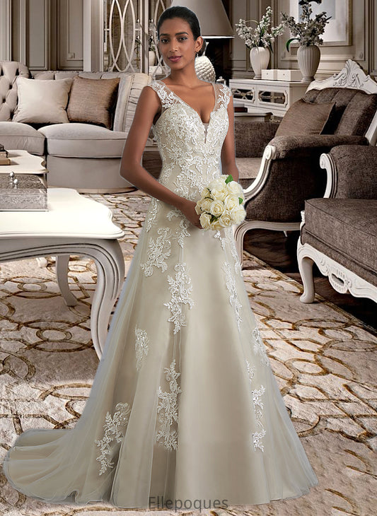 Marissa A-Line V-neck Court Train Tulle Lace Wedding Dress With Beading Sequins HOP0013709