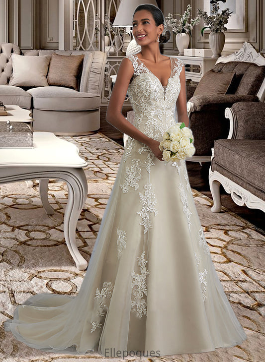 Marissa A-Line V-neck Court Train Tulle Lace Wedding Dress With Beading Sequins HOP0013709