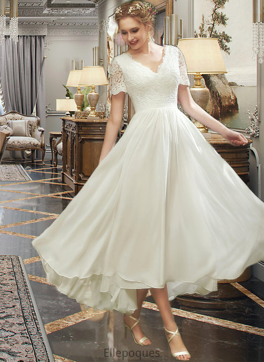 Harley A-Line V-neck Asymmetrical Wedding Dress With Lace HOP0013712