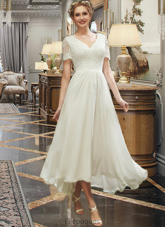 Harley A-Line V-neck Asymmetrical Wedding Dress With Lace HOP0013712