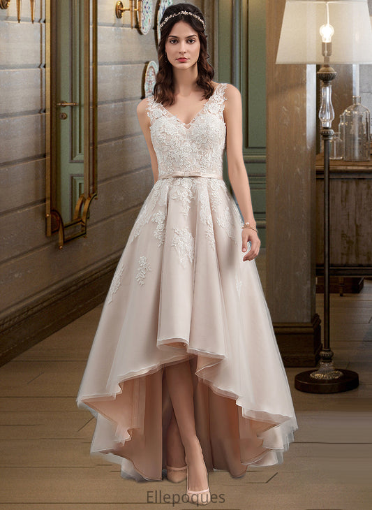 Sam A-Line V-neck Asymmetrical Tulle Lace Wedding Dress With Bow(s) HOP0013717