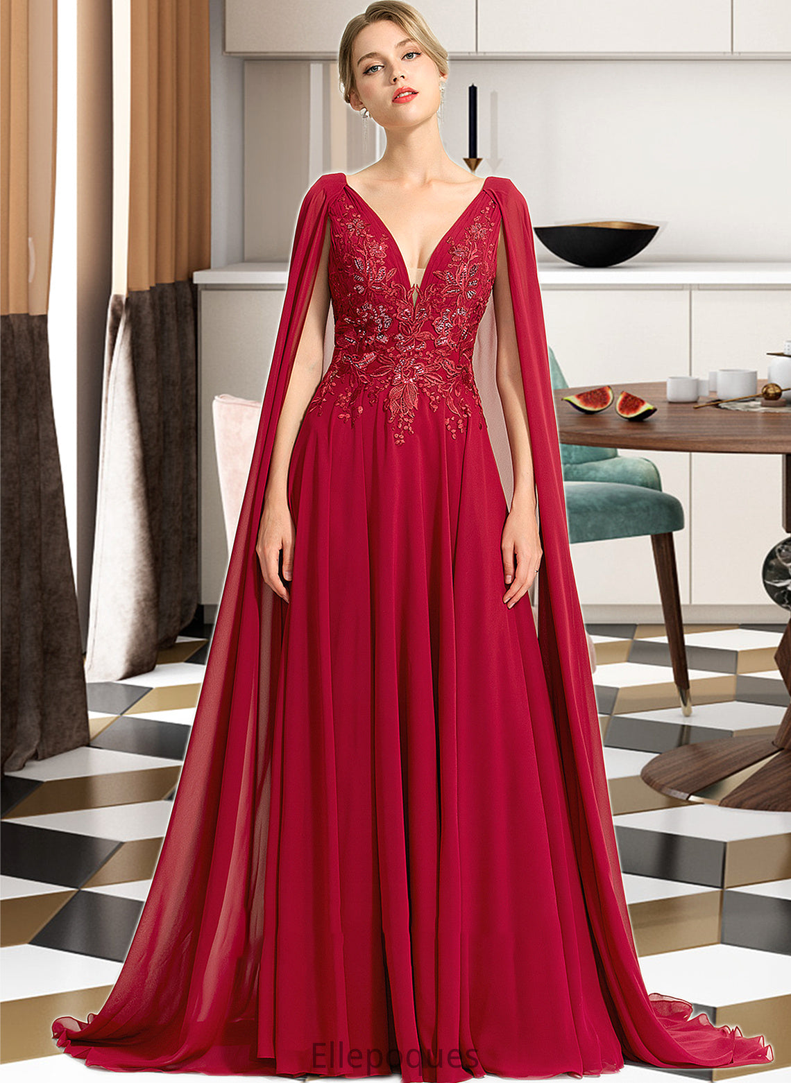 April A-Line V-neck Floor-Length Chiffon Wedding Dress With Sequins HOP0013718