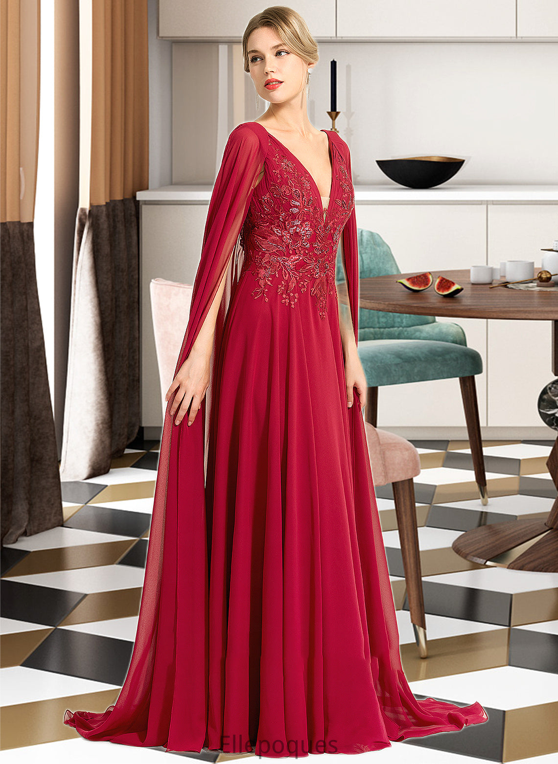 April A-Line V-neck Floor-Length Chiffon Wedding Dress With Sequins HOP0013718