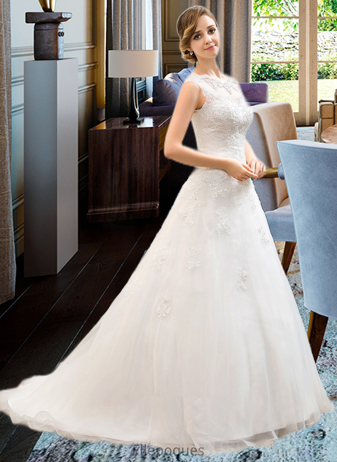 Salma Ball-Gown/Princess Illusion Sweep Train Organza Tulle Wedding Dress With Beading Sequins HOP0013719