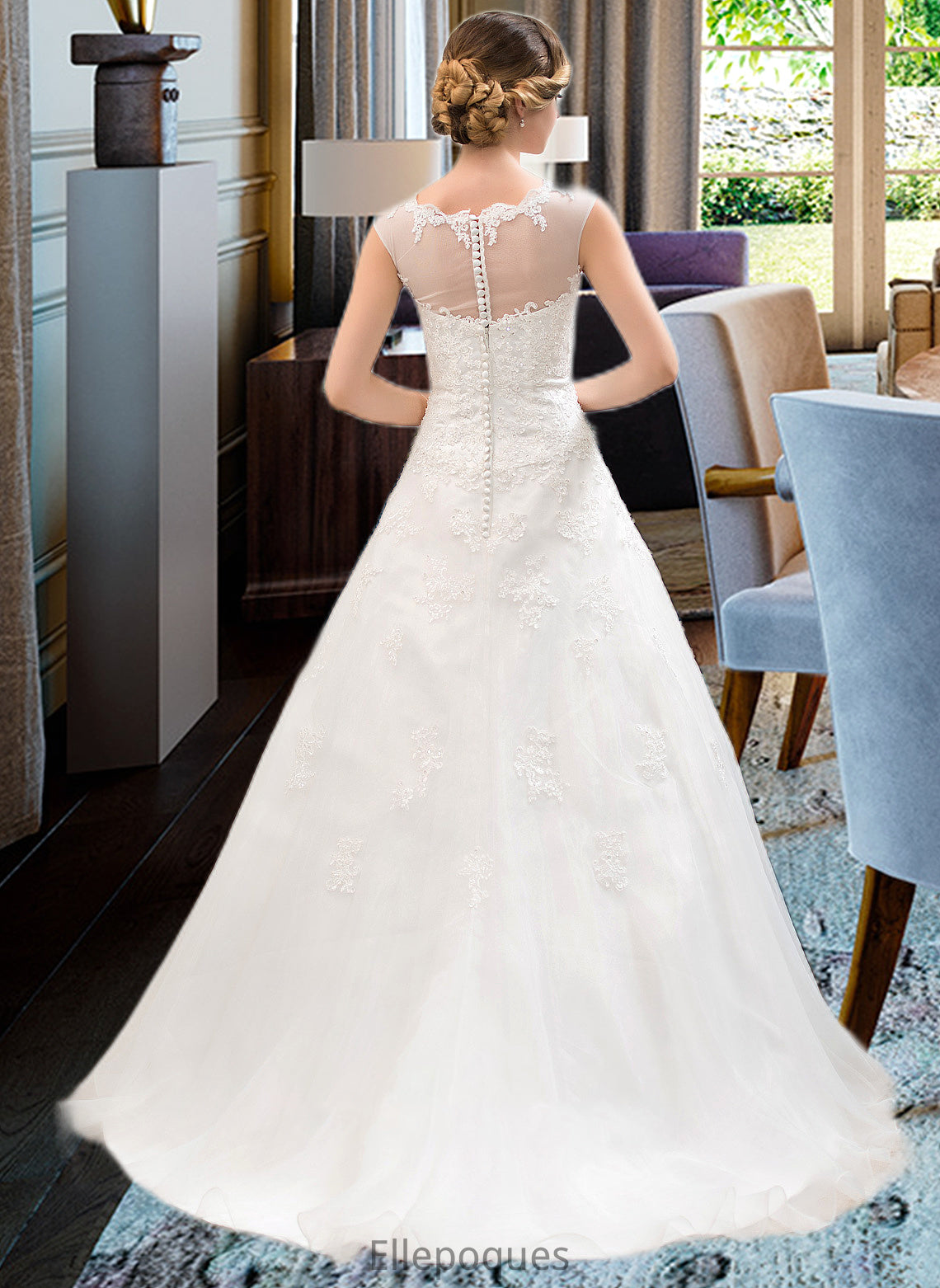 Salma Ball-Gown/Princess Illusion Sweep Train Organza Tulle Wedding Dress With Beading Sequins HOP0013719