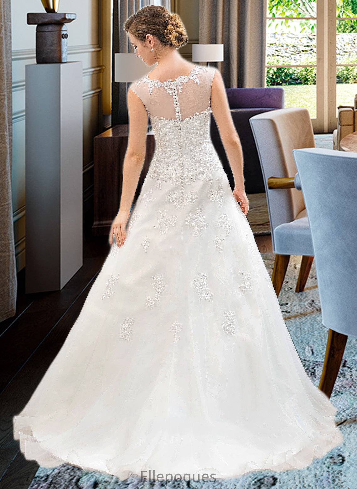 Salma Ball-Gown/Princess Illusion Sweep Train Organza Tulle Wedding Dress With Beading Sequins HOP0013719