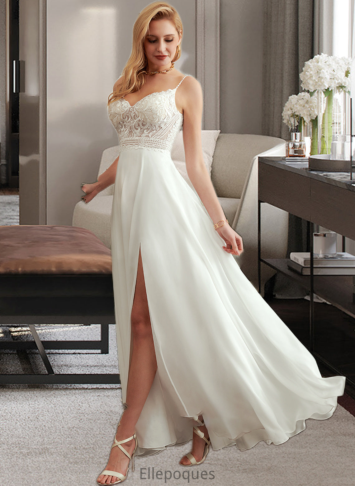 Lara A-Line V-neck Floor-Length Wedding Dress With Split Front HOP0013721