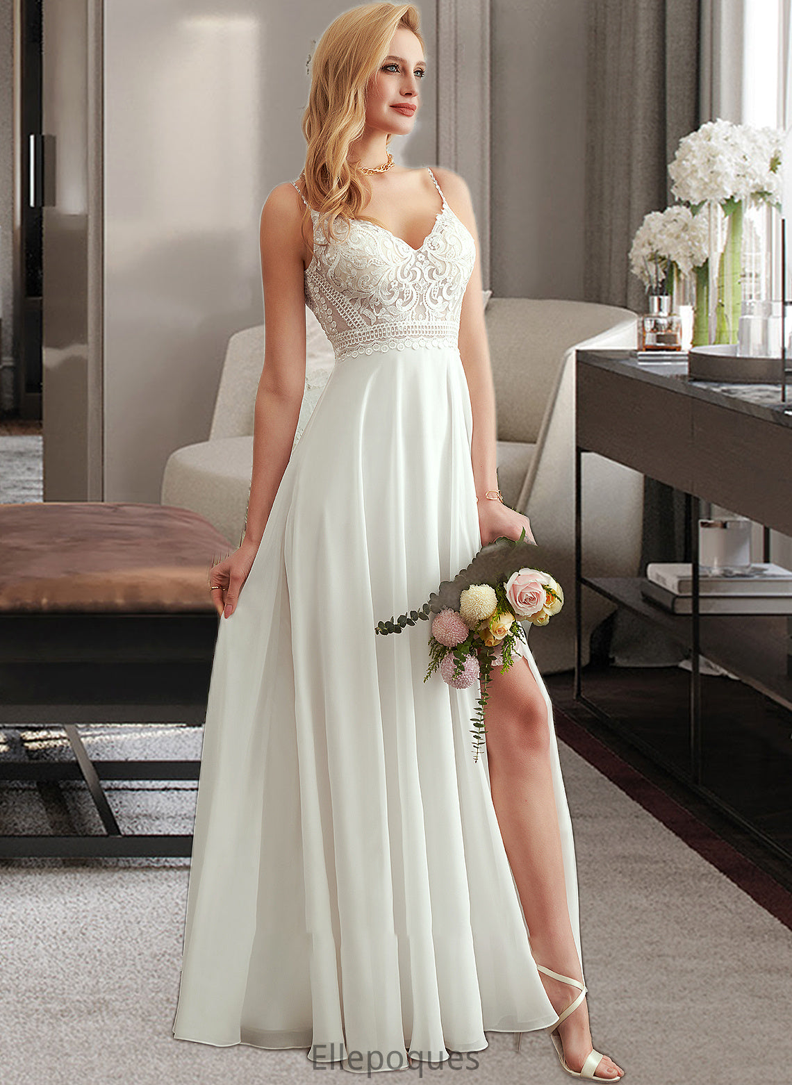 Lara A-Line V-neck Floor-Length Wedding Dress With Split Front HOP0013721