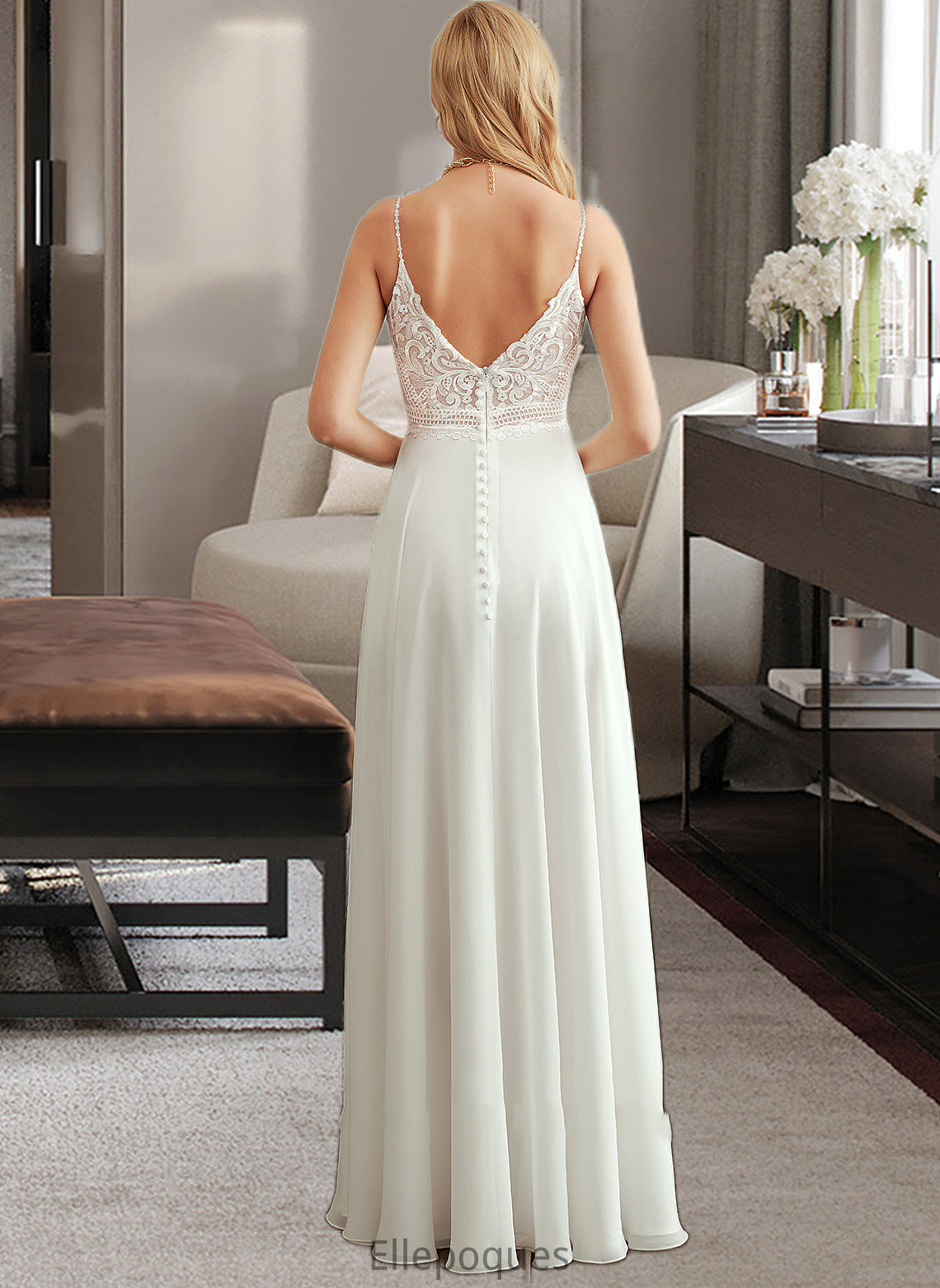 Lara A-Line V-neck Floor-Length Wedding Dress With Split Front HOP0013721