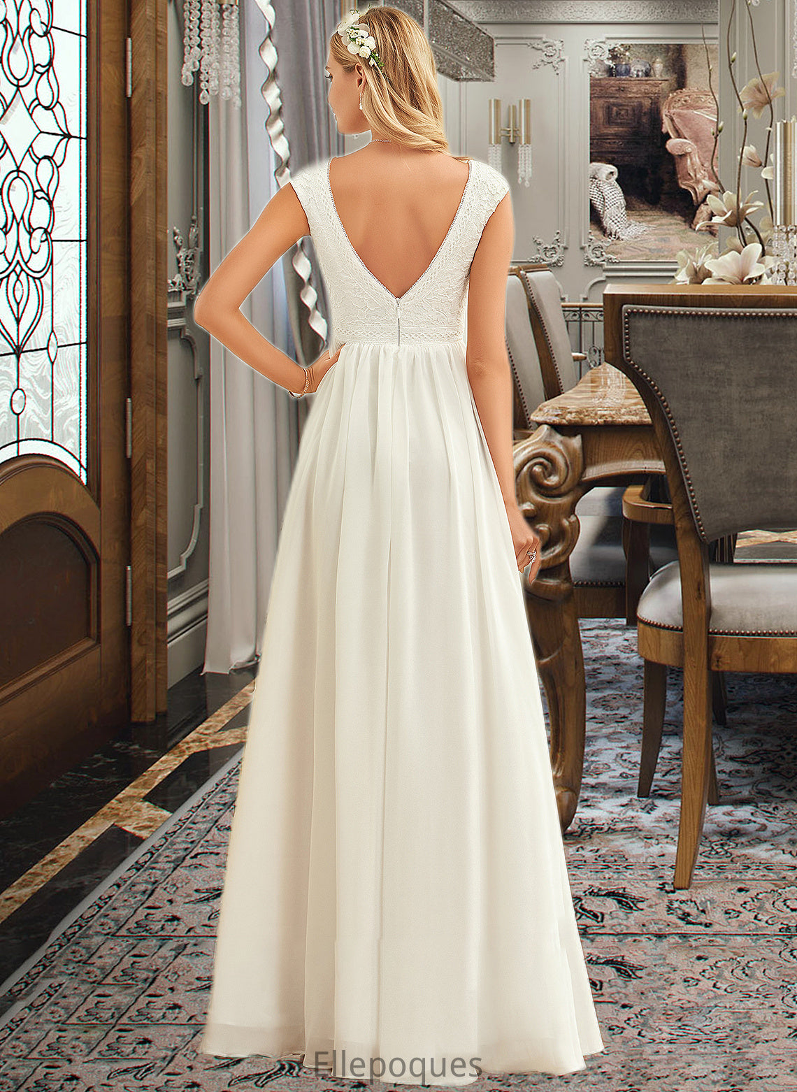 Jill A-Line V-neck Floor-Length Chiffon Lace Wedding Dress HOP0013722