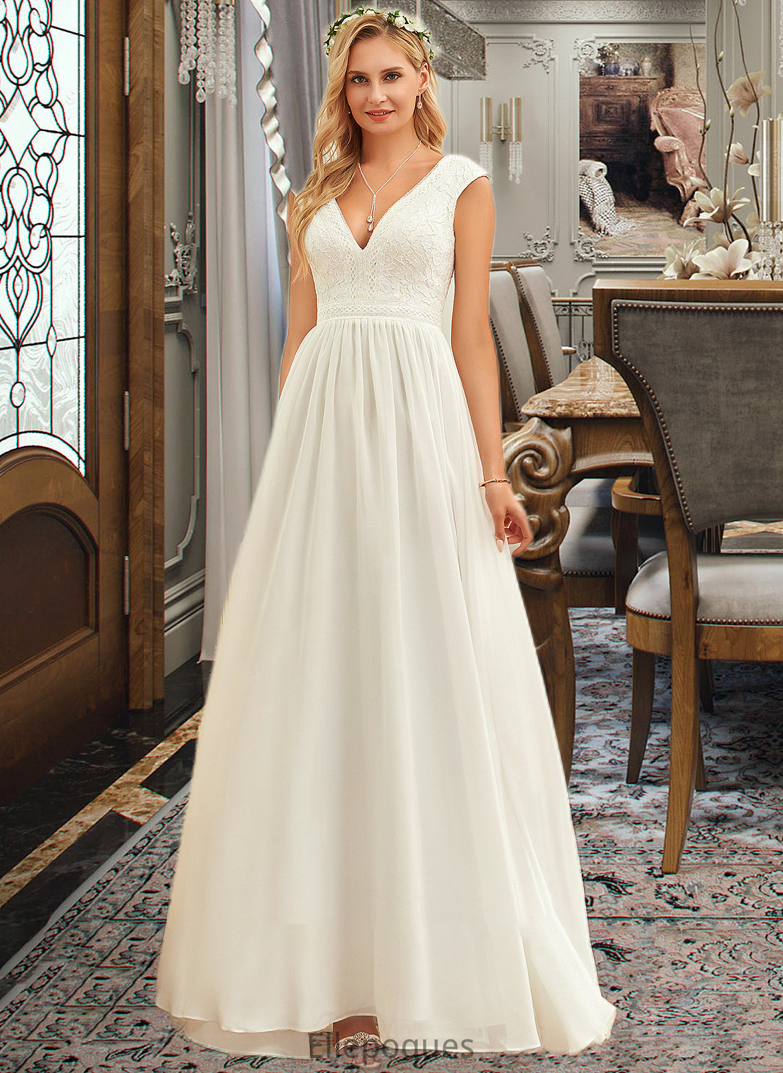 Jill A-Line V-neck Floor-Length Chiffon Lace Wedding Dress HOP0013722