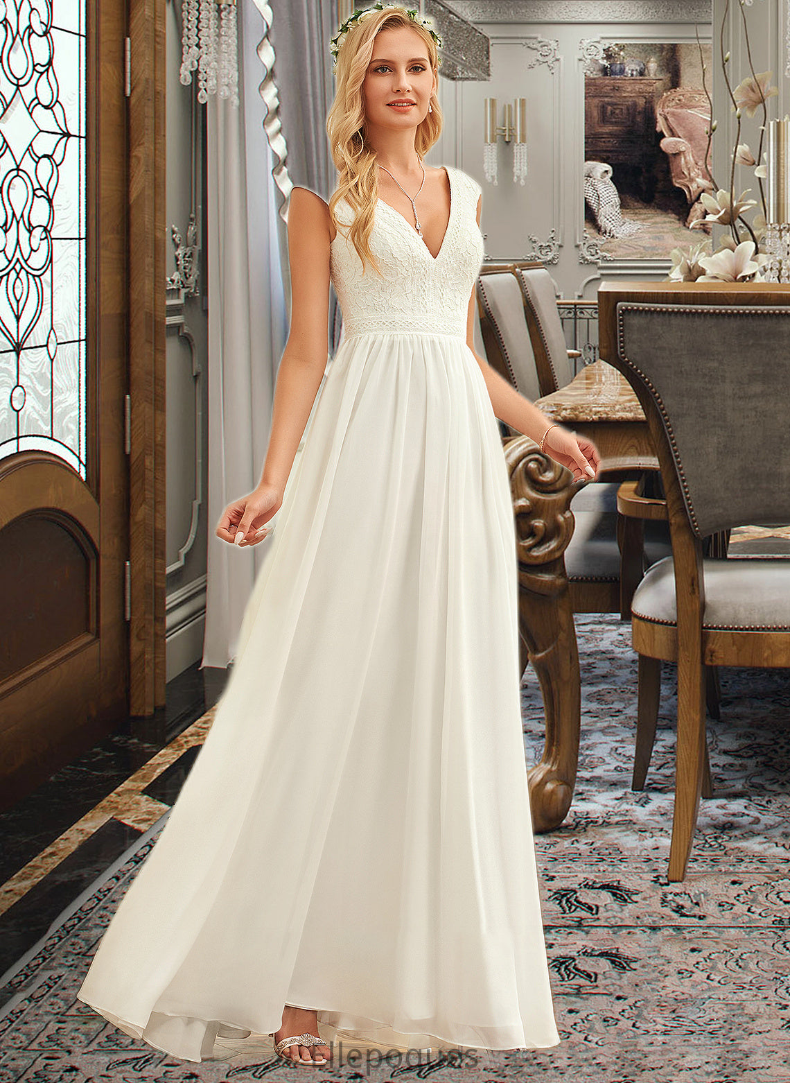 Jill A-Line V-neck Floor-Length Chiffon Lace Wedding Dress HOP0013722