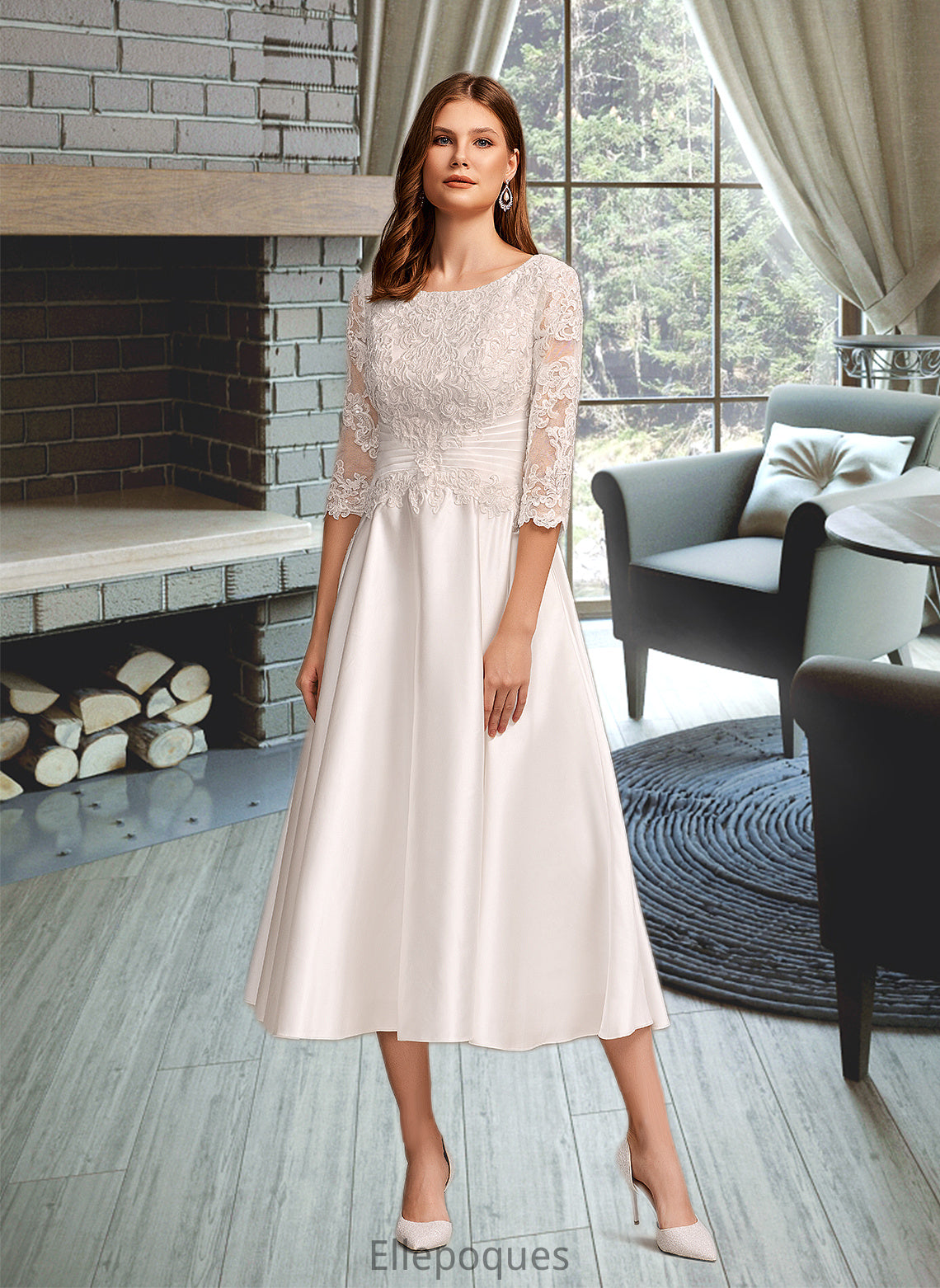 Hailee A-Line Scoop Neck Tea-Length Wedding Dress With Pockets HOP0013723