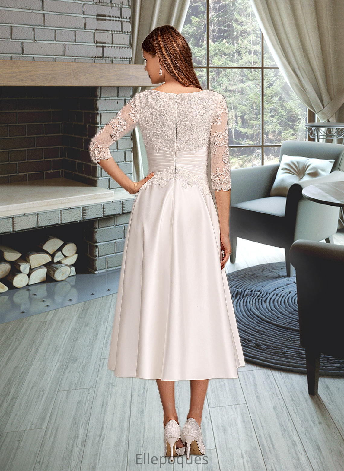 Hailee A-Line Scoop Neck Tea-Length Wedding Dress With Pockets HOP0013723