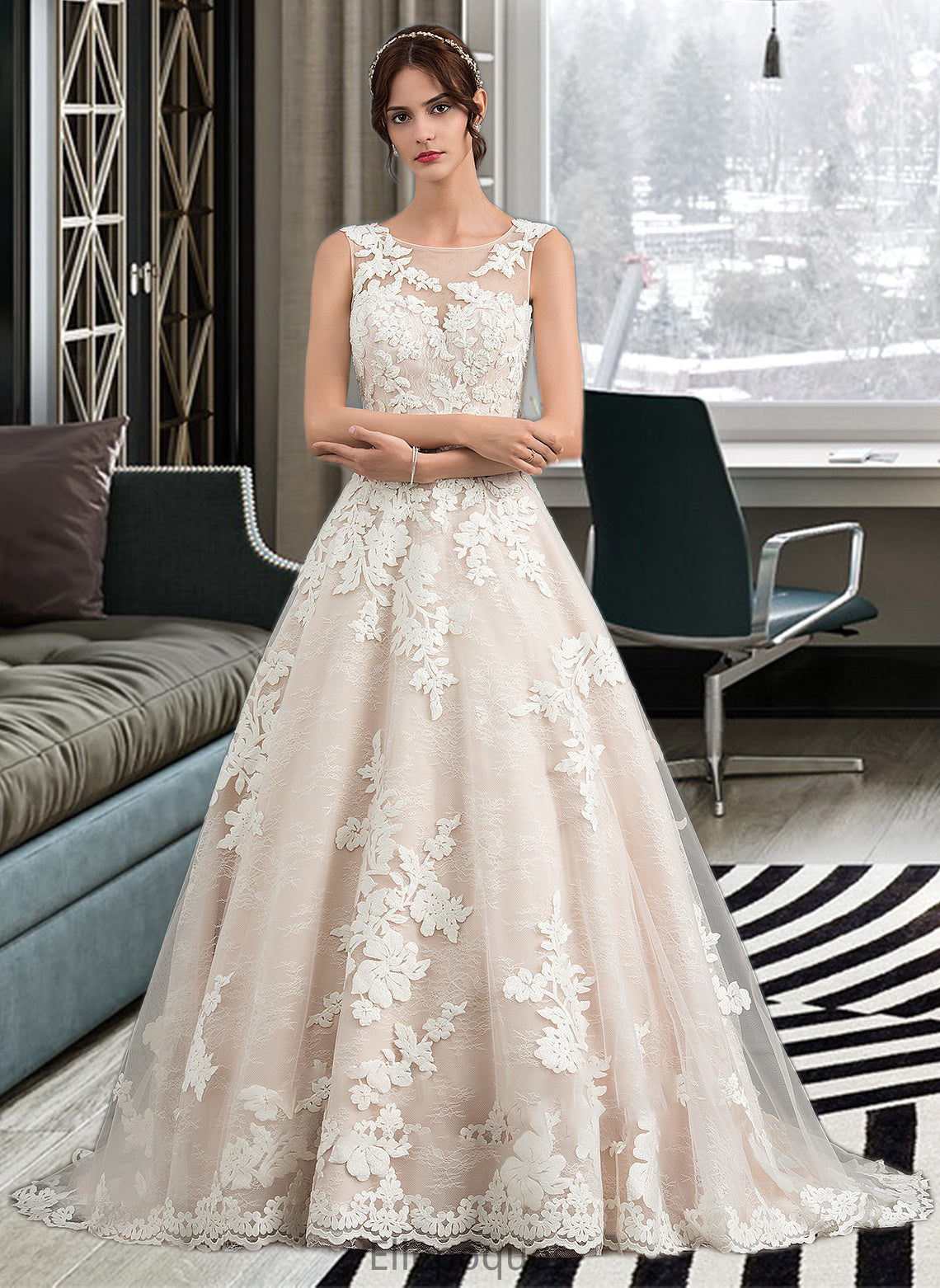 Madeleine Ball-Gown/Princess Illusion Court Train Tulle Wedding Dress With Beading Sequins HOP0013724