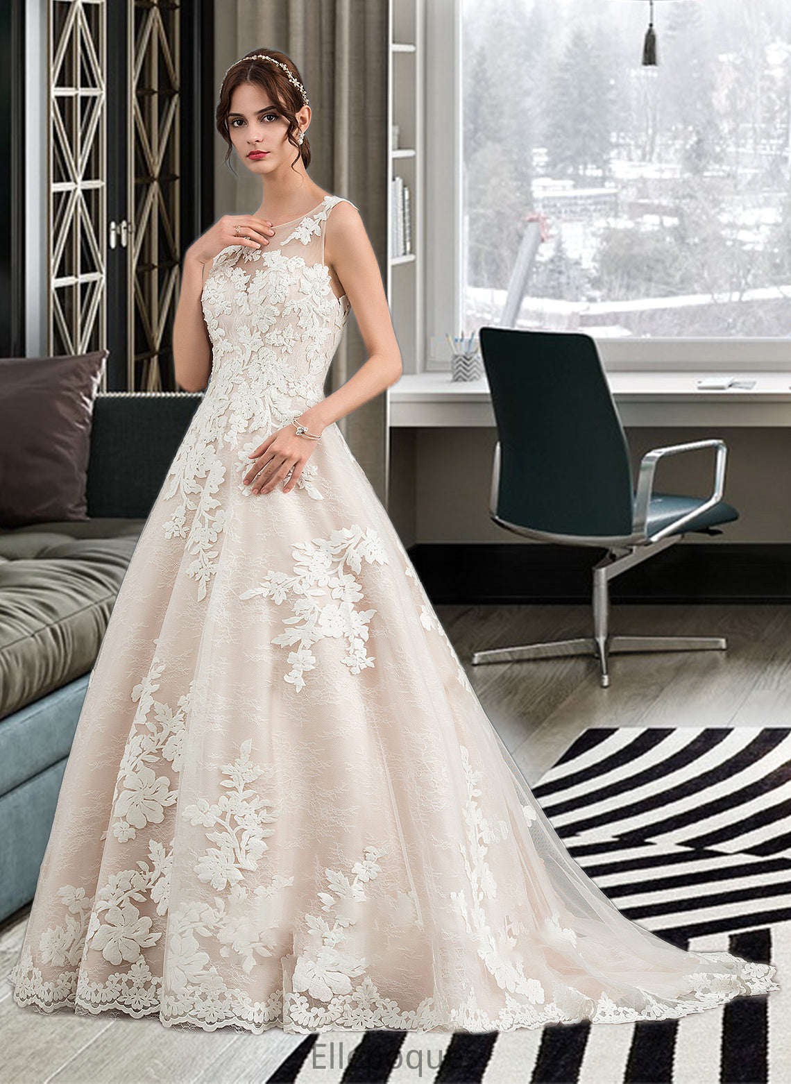 Madeleine Ball-Gown/Princess Illusion Court Train Tulle Wedding Dress With Beading Sequins HOP0013724