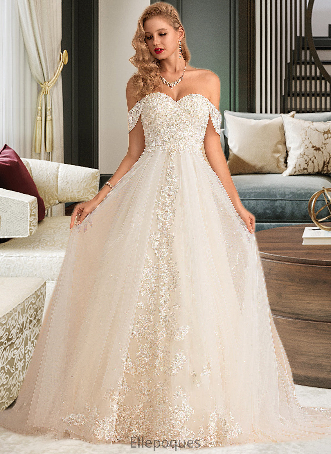 Salma Ball-Gown/Princess Chapel Train Tulle Lace Wedding Dress With Sequins HOP0013726