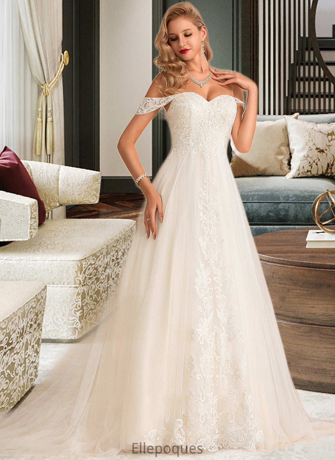 Salma Ball-Gown/Princess Chapel Train Tulle Lace Wedding Dress With Sequins HOP0013726