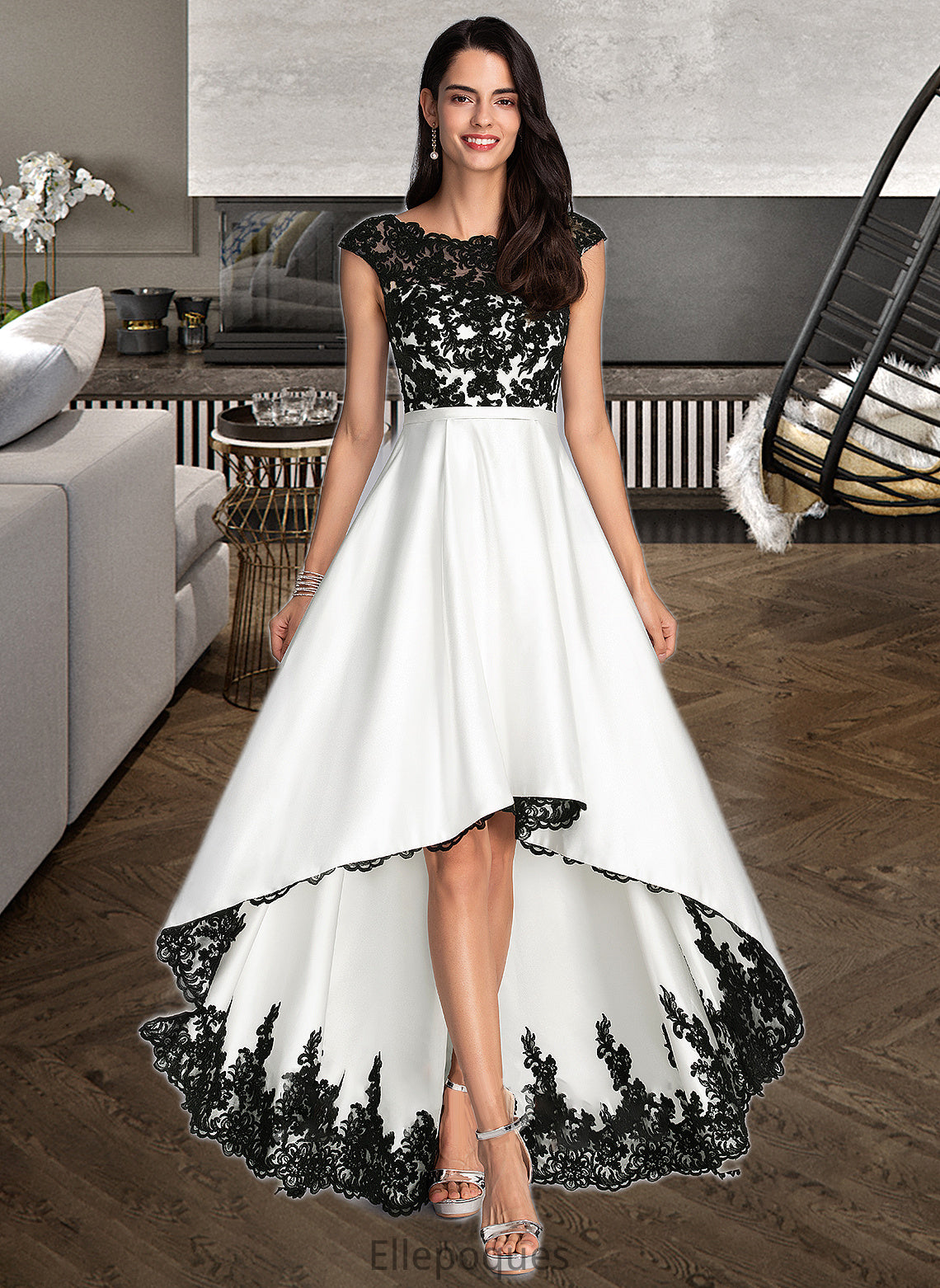 Lily Ball-Gown/Princess Scoop Neck Asymmetrical Satin Wedding Dress HOP0013728