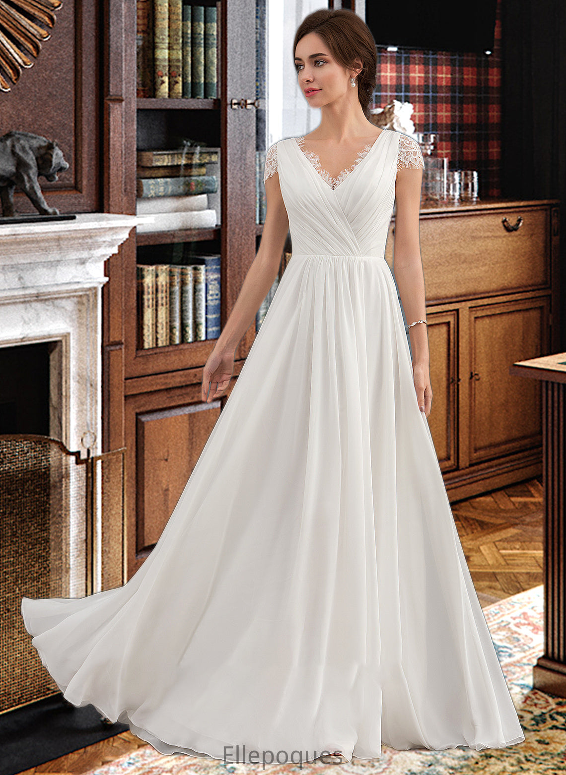 Josie A-Line V-neck Floor-Length Chiffon Lace Wedding Dress With Ruffle HOP0013729