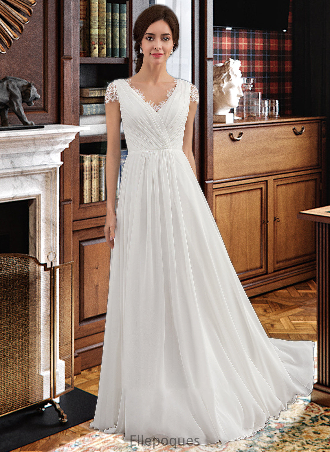 Josie A-Line V-neck Floor-Length Chiffon Lace Wedding Dress With Ruffle HOP0013729