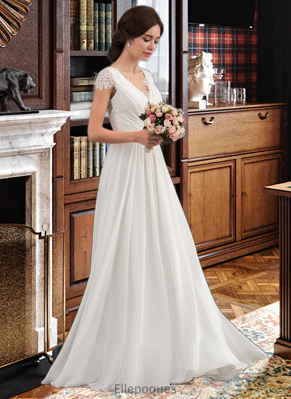 Josie A-Line V-neck Floor-Length Chiffon Lace Wedding Dress With Ruffle HOP0013729