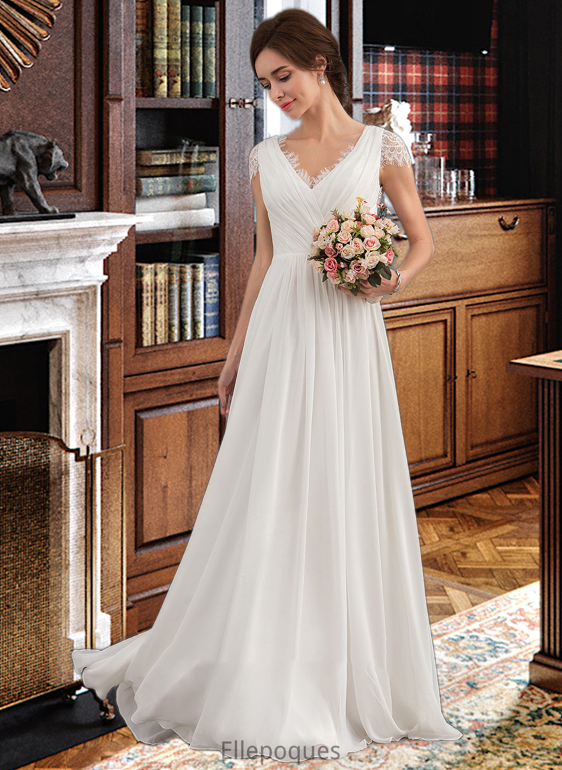 Josie A-Line V-neck Floor-Length Chiffon Lace Wedding Dress With Ruffle HOP0013729