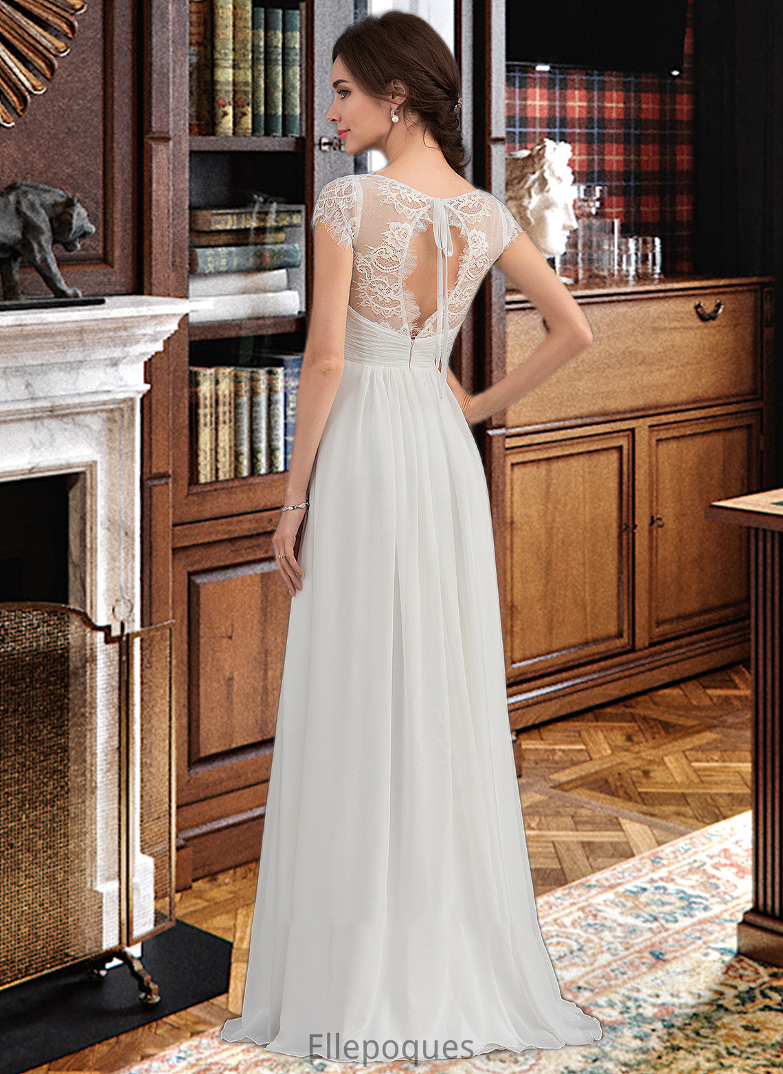 Josie A-Line V-neck Floor-Length Chiffon Lace Wedding Dress With Ruffle HOP0013729