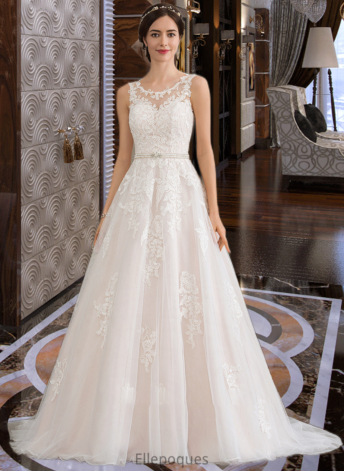 Jaqueline Ball-Gown/Princess Scoop Neck Court Train Tulle Wedding Dress With Beading Sequins HOP0013730