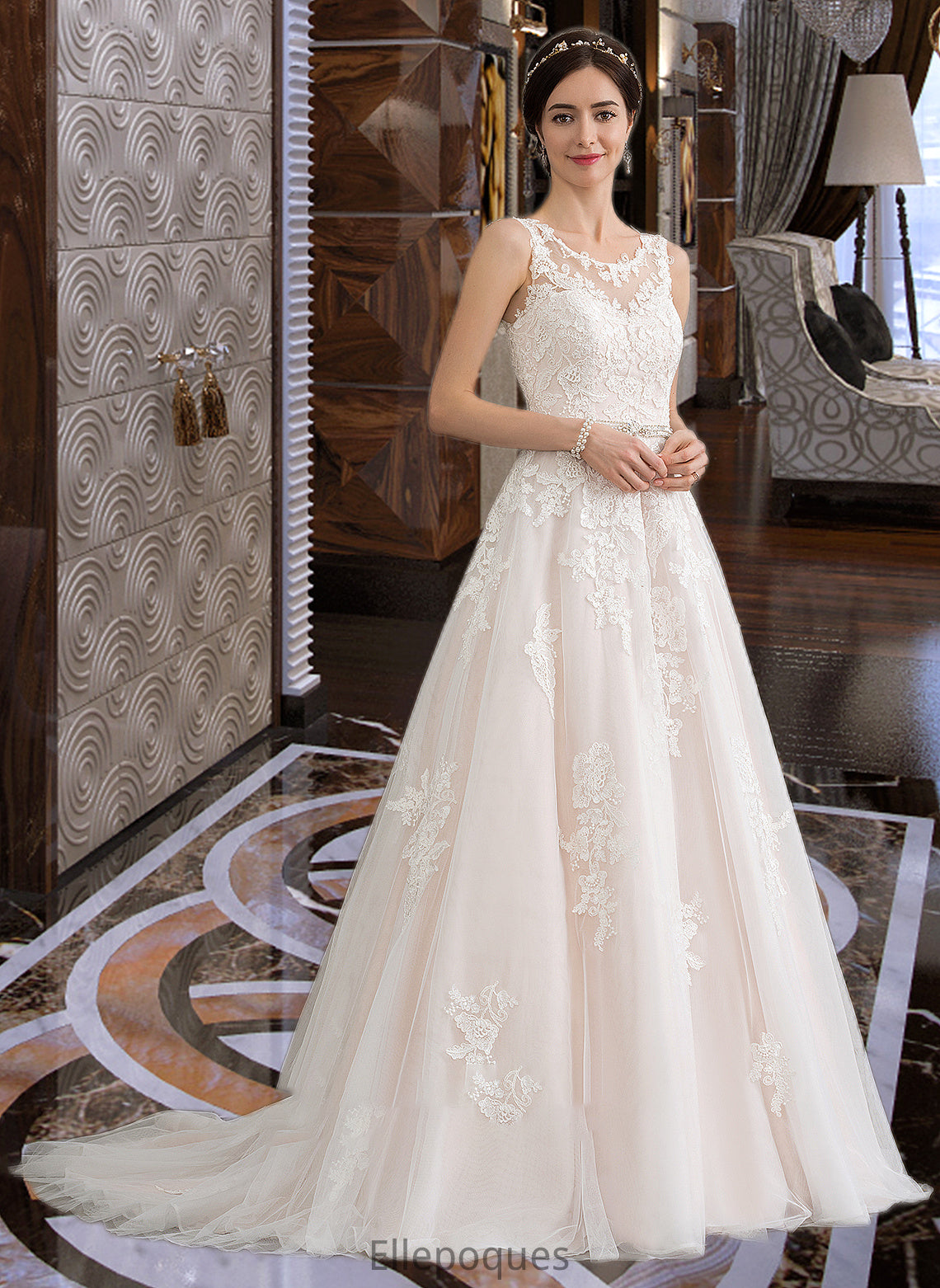 Jaqueline Ball-Gown/Princess Scoop Neck Court Train Tulle Wedding Dress With Beading Sequins HOP0013730