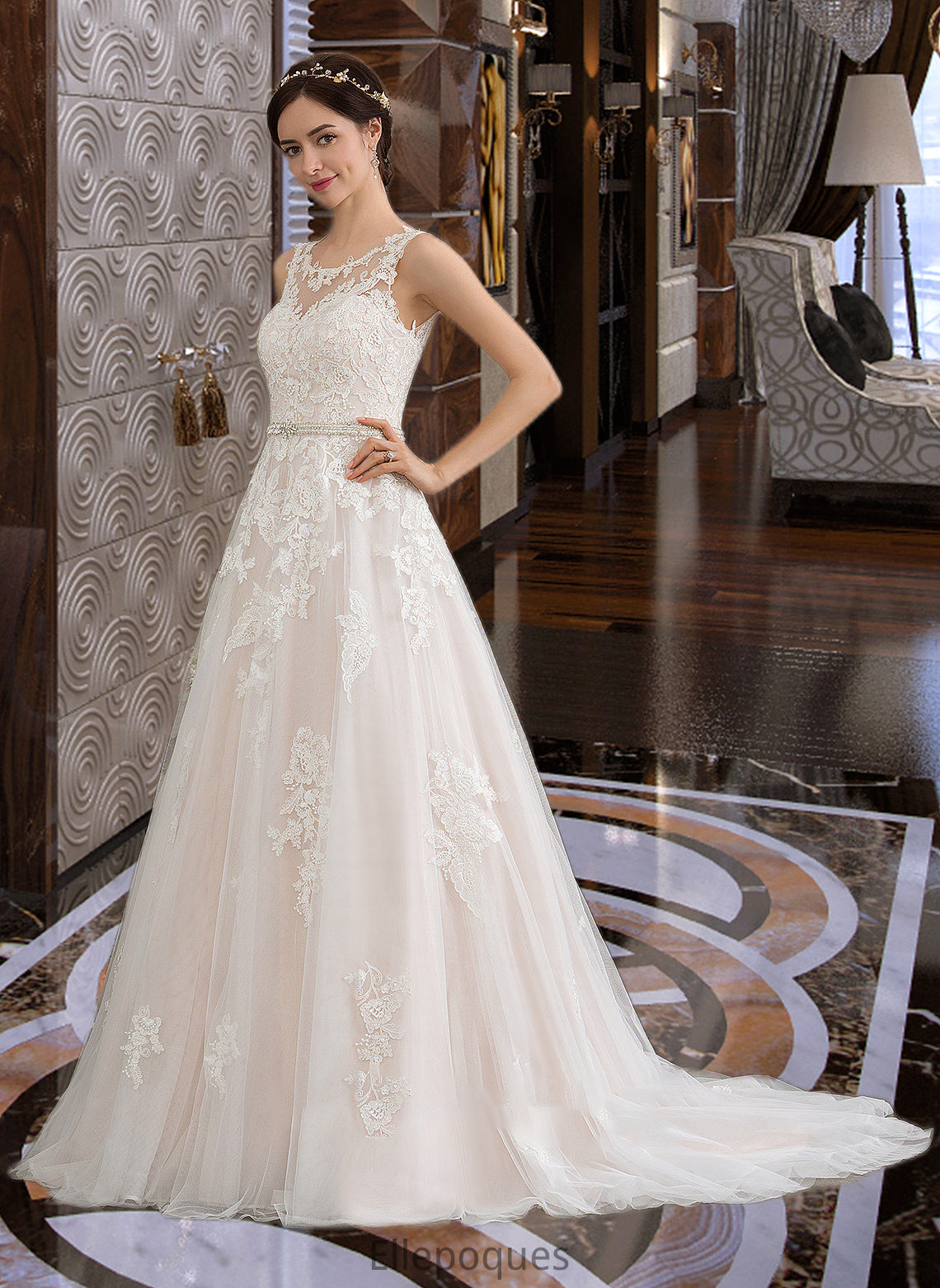 Jaqueline Ball-Gown/Princess Scoop Neck Court Train Tulle Wedding Dress With Beading Sequins HOP0013730