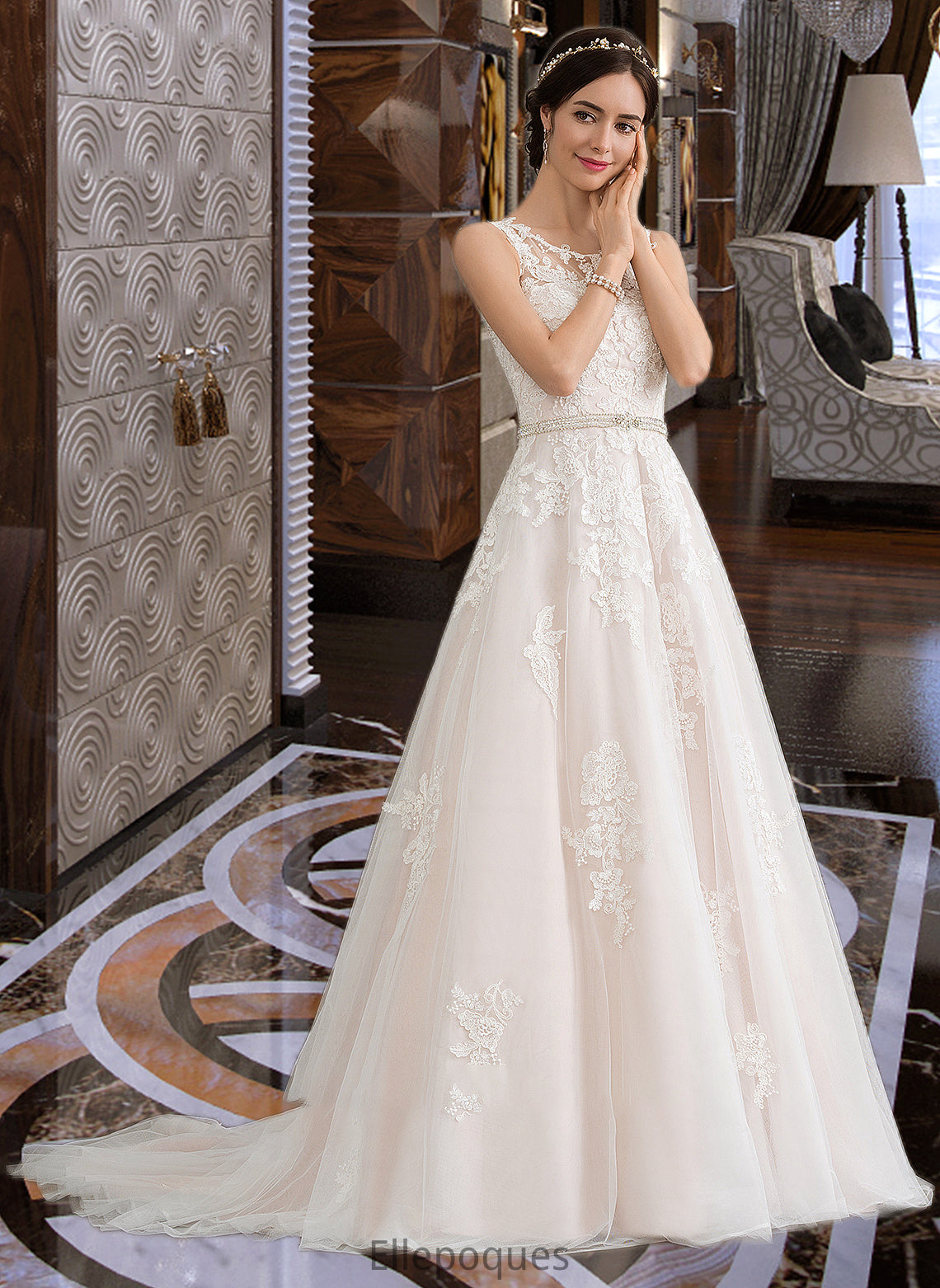 Jaqueline Ball-Gown/Princess Scoop Neck Court Train Tulle Wedding Dress With Beading Sequins HOP0013730