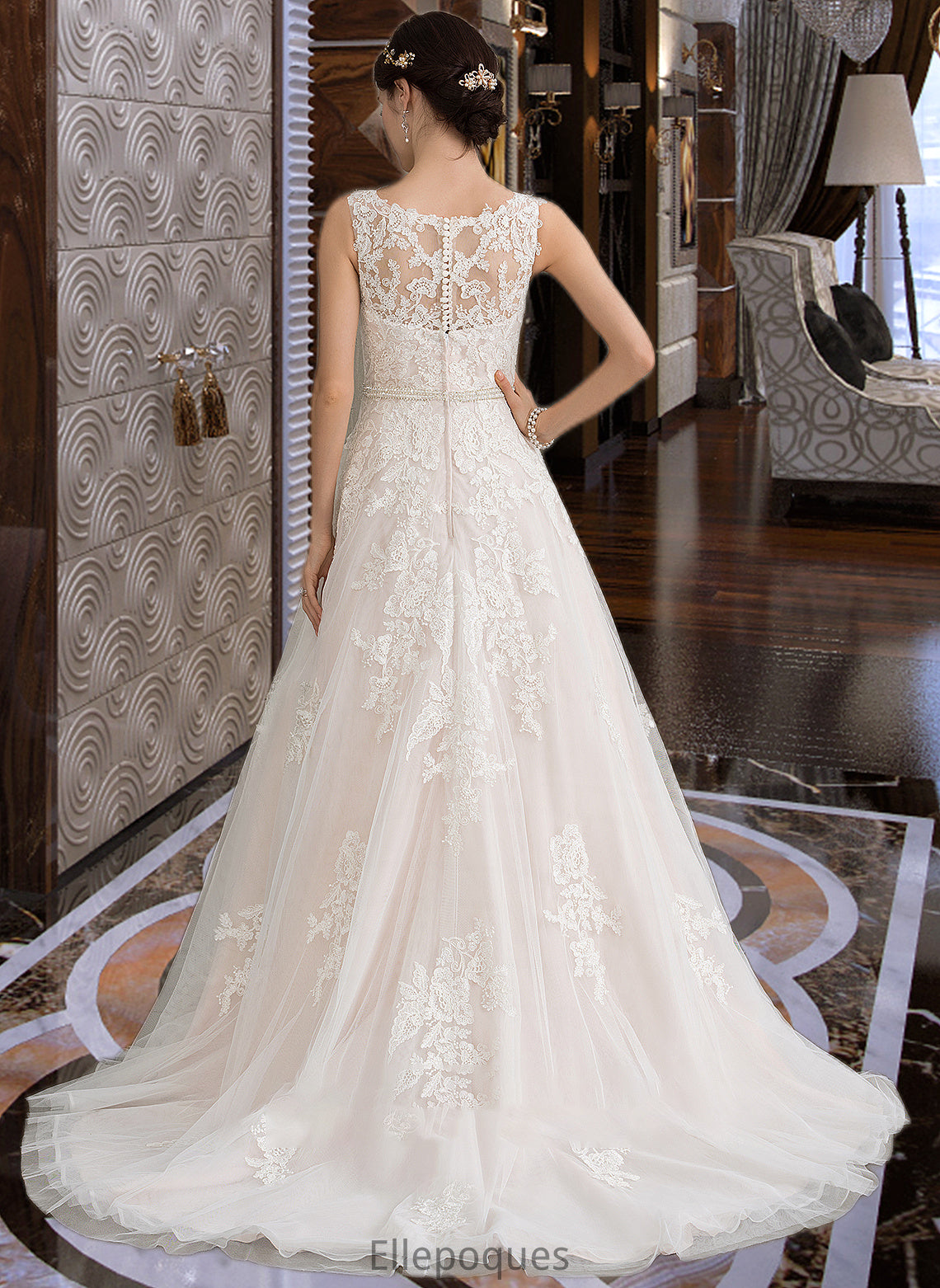 Jaqueline Ball-Gown/Princess Scoop Neck Court Train Tulle Wedding Dress With Beading Sequins HOP0013730