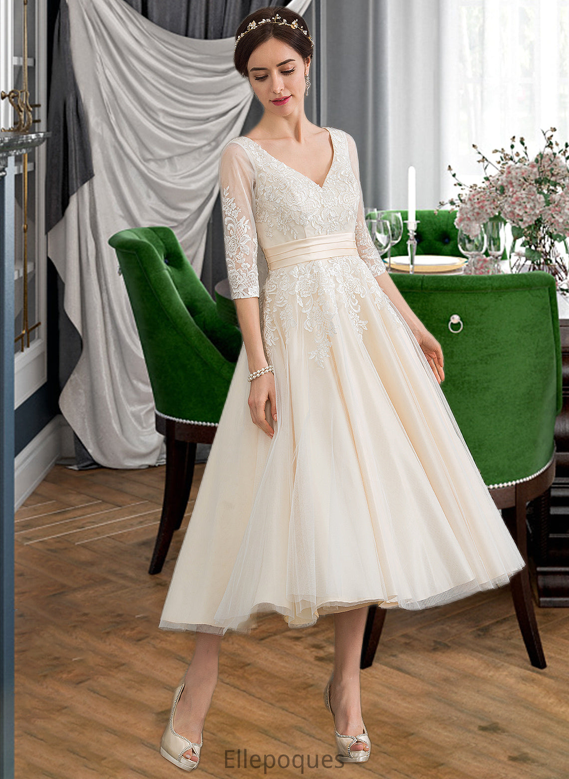 Ansley Ball-Gown/Princess V-neck Tea-Length Tulle Wedding Dress HOP0013731