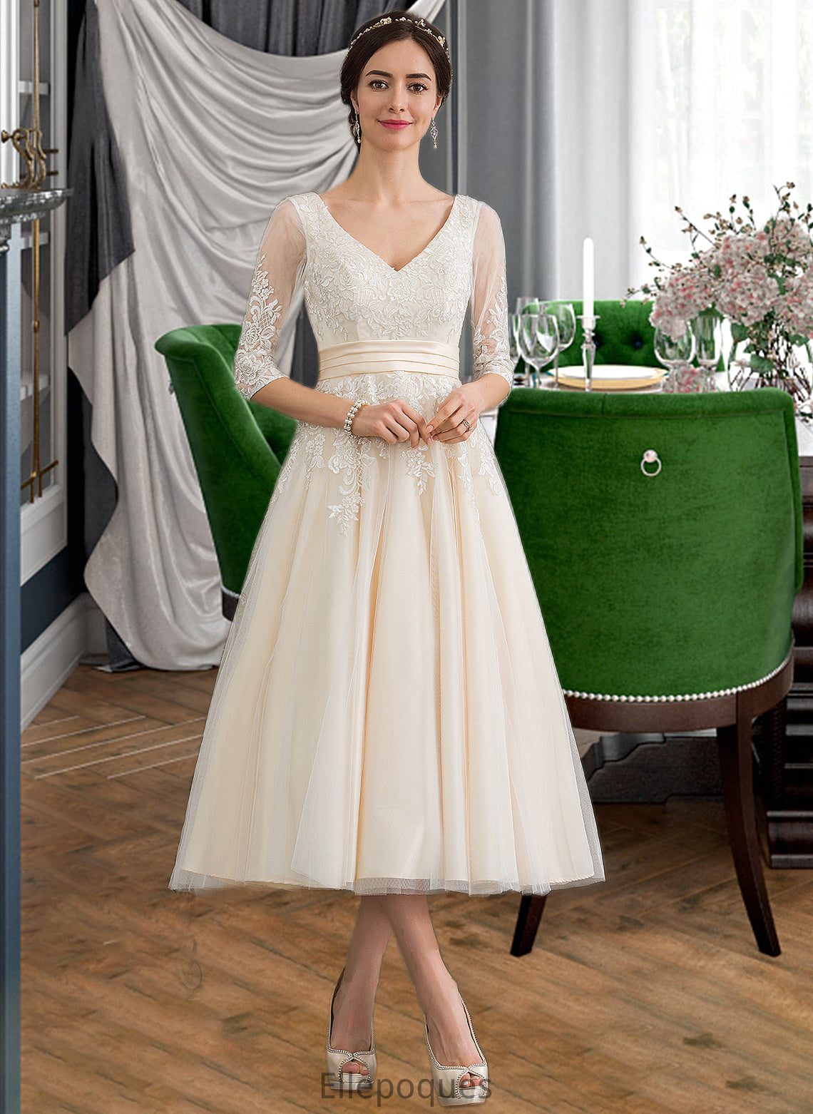 Ansley Ball-Gown/Princess V-neck Tea-Length Tulle Wedding Dress HOP0013731