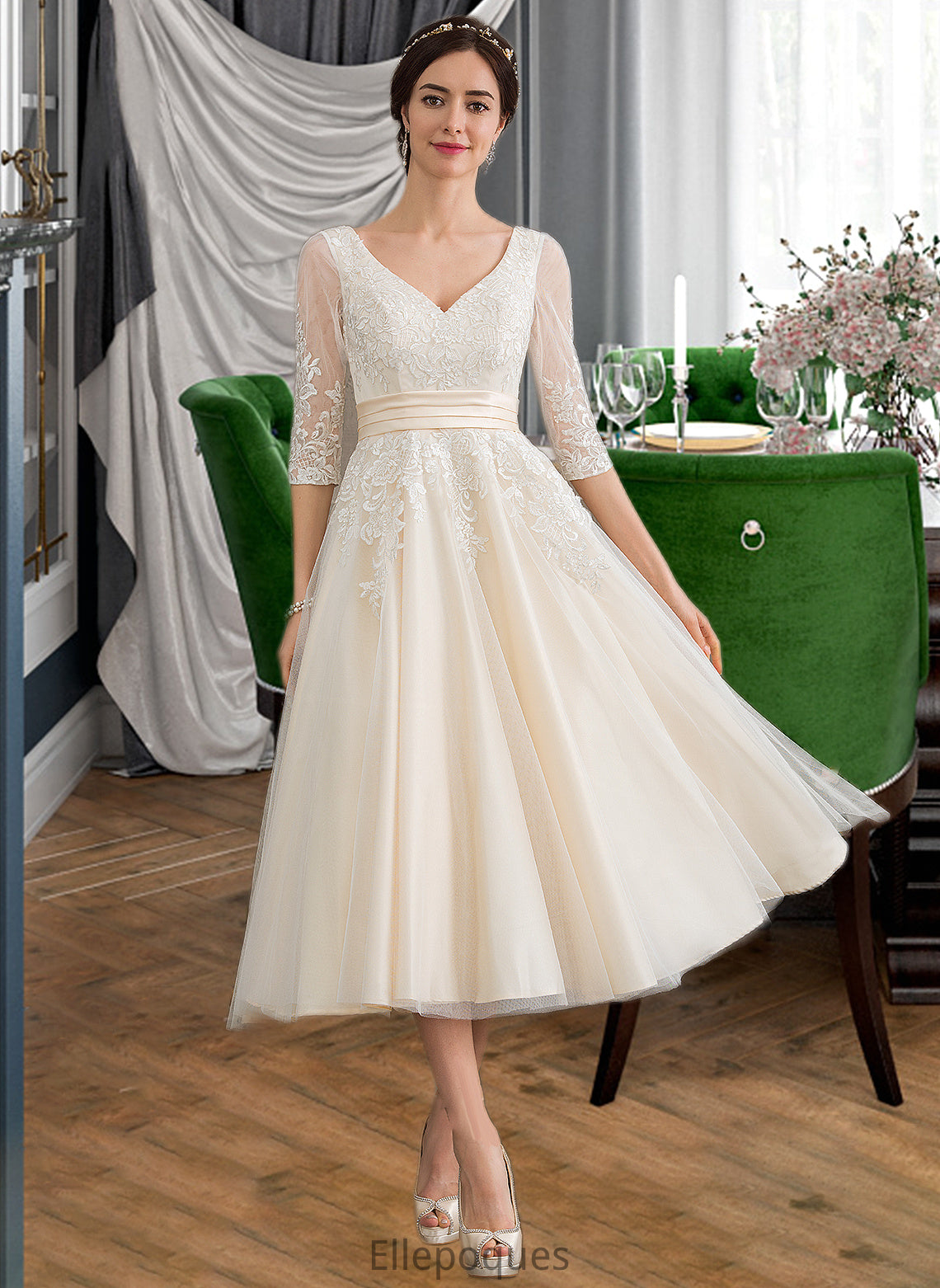 Ansley Ball-Gown/Princess V-neck Tea-Length Tulle Wedding Dress HOP0013731