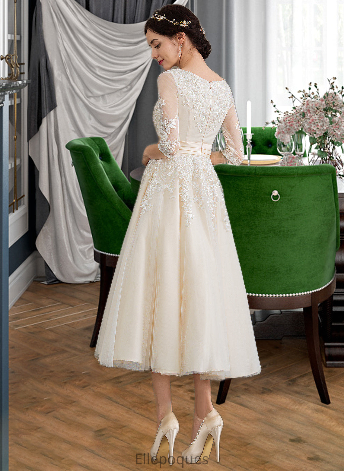 Ansley Ball-Gown/Princess V-neck Tea-Length Tulle Wedding Dress HOP0013731