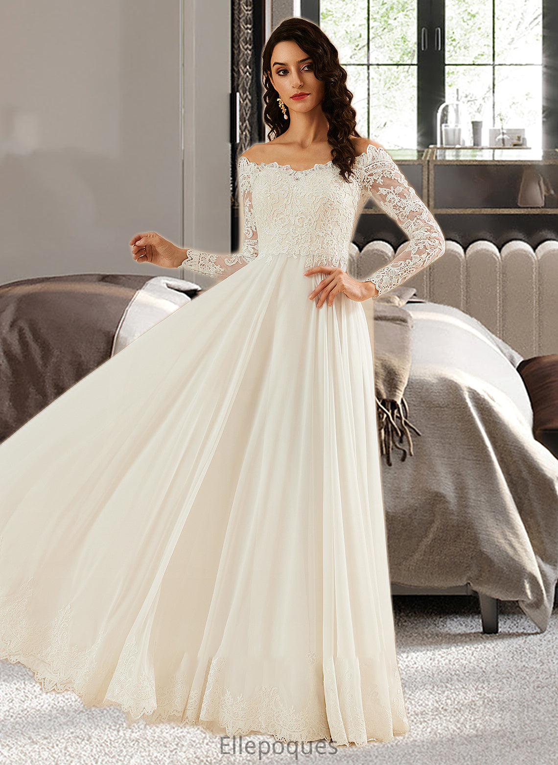 Kaiya A-Line Off-the-Shoulder Sweep Train Wedding Dress With Lace HOP0013734