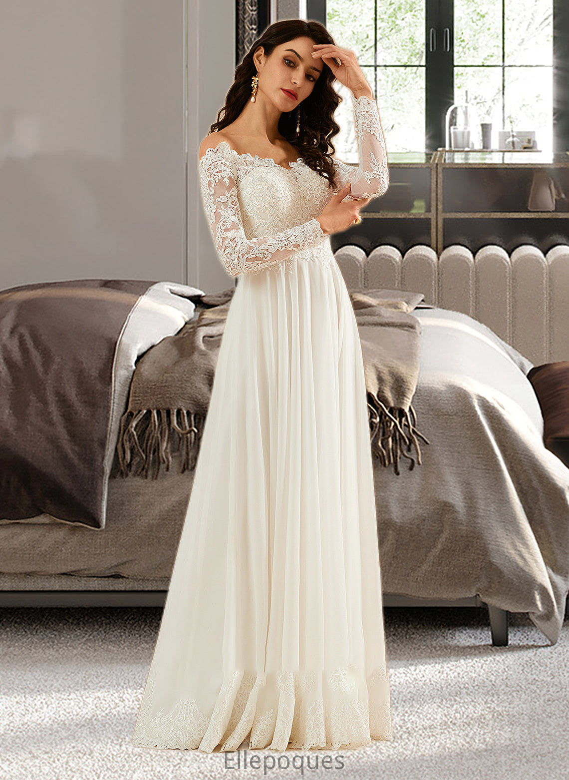 Kaiya A-Line Off-the-Shoulder Sweep Train Wedding Dress With Lace HOP0013734